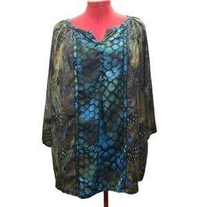 New Directions Woman Tunic Top 3X Peacock Feather Print 100% Polyester Flowing